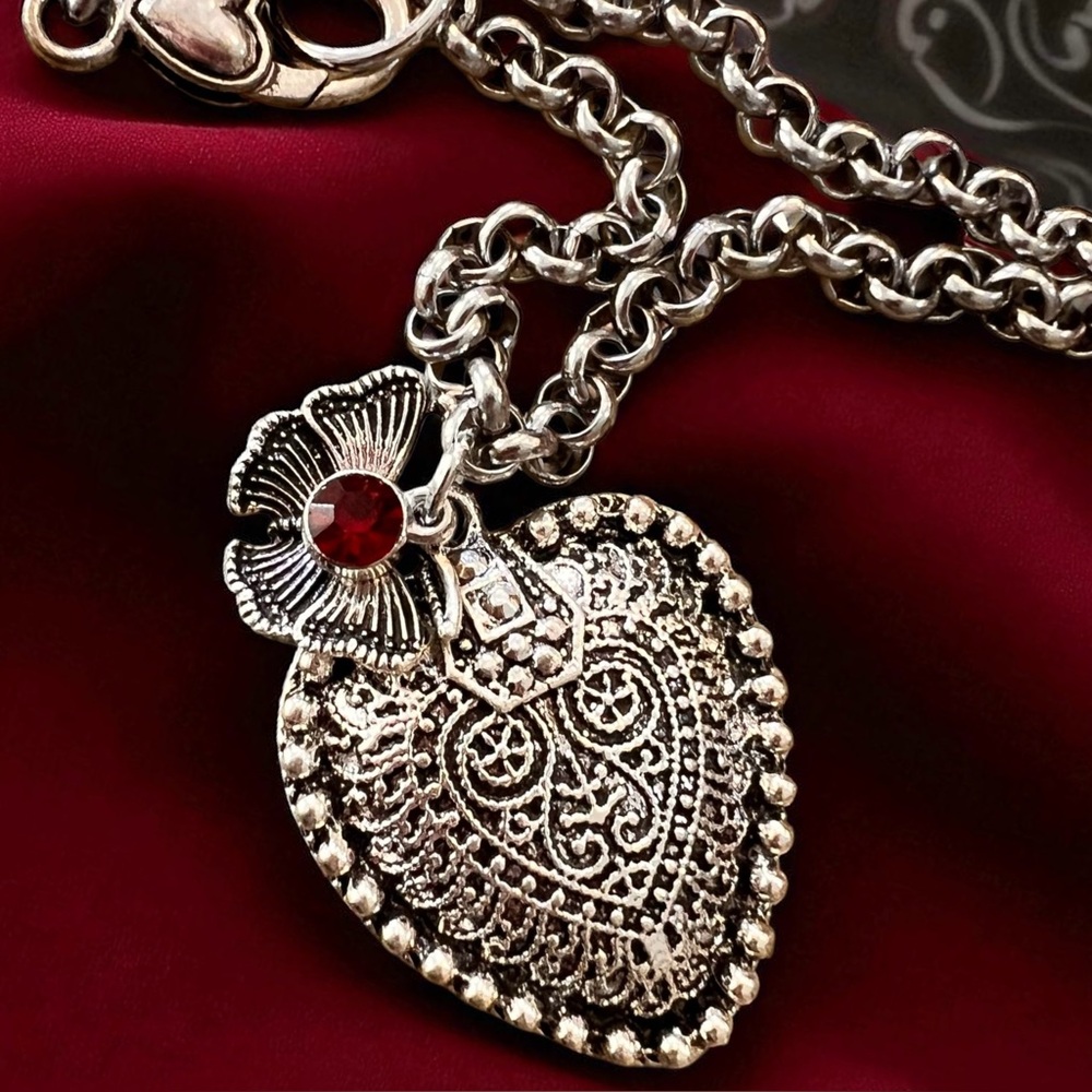 Beautiful Silver Toned Heart Necklace with Butterfly and Red Gem Charm 16.5” - Picture 4 of 17
